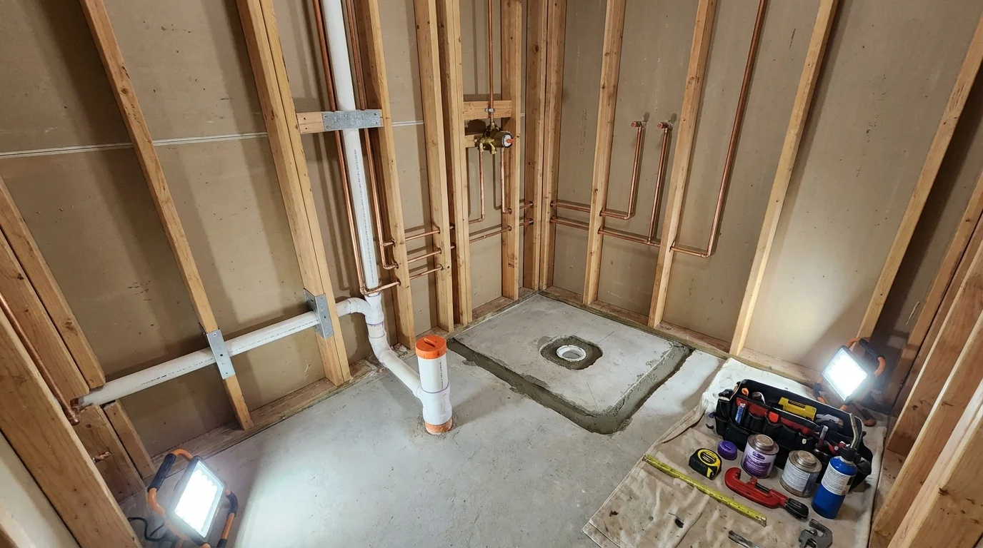 Bathroom rough-in plumbing during remodel by Johns Plumbing LLC in Napavine
