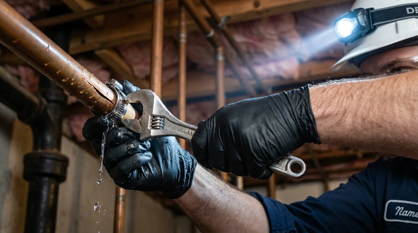 Emergency pipe clamp repair being performed by a Johns Plumbing LLC plumber in Napavine