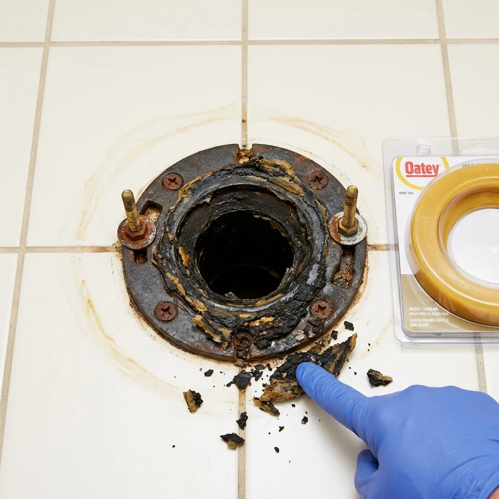 Failed wax ring showing water seepage at the base of a toilet in a Napavine, WA home