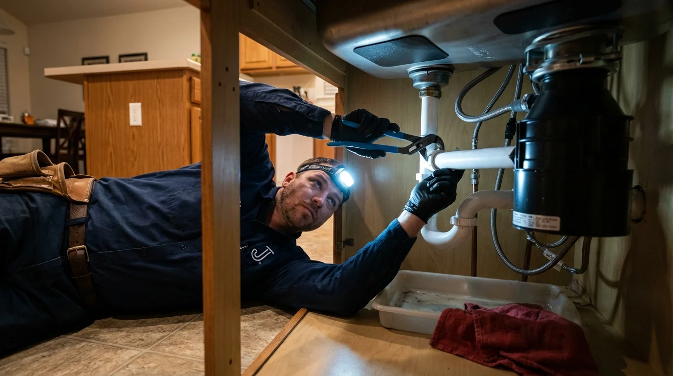 P-trap and supply line connections under a kitchen sink showing a common leak point in Napavine, WA